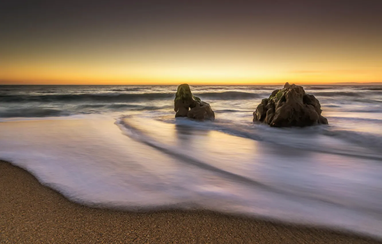 Photo wallpaper sand, beach, rocks, dawn, coast