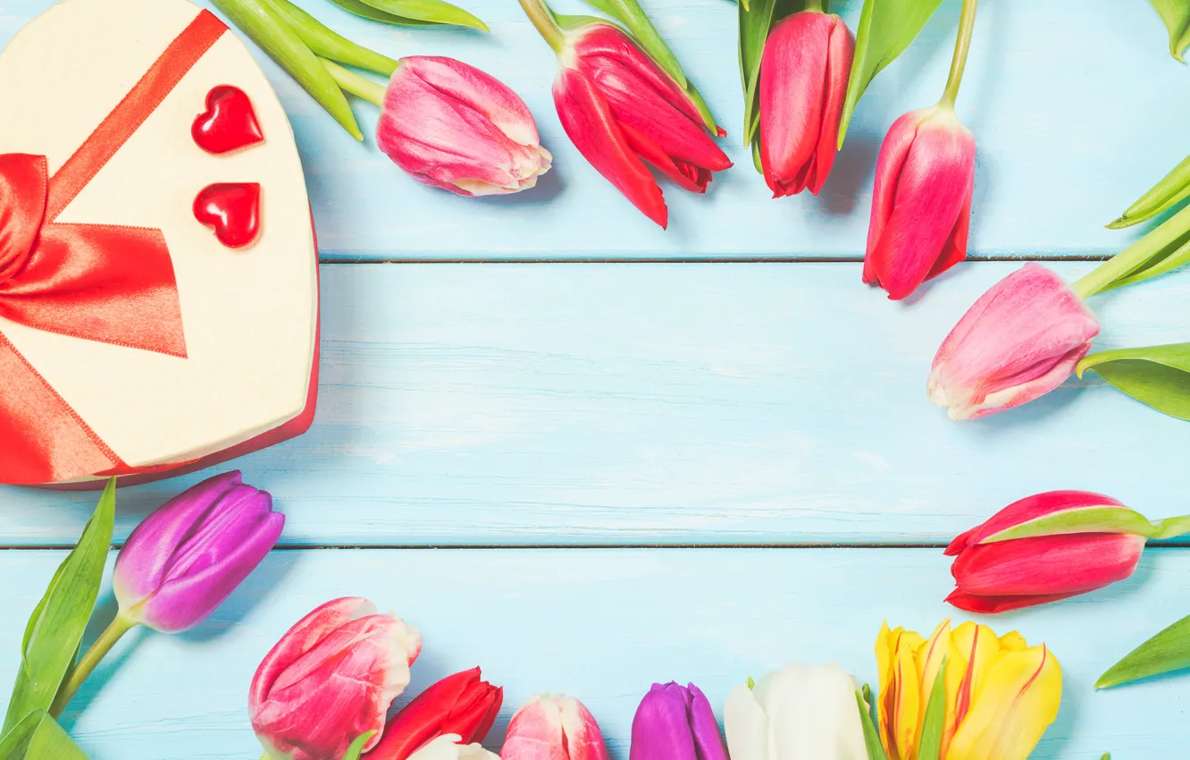 Photo wallpaper flowers, colorful, tulips, wood, flowers, tulips, spring, gift box