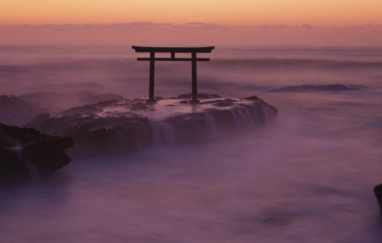 Photo wallpaper sea, fog, rocks, Japan, the gates