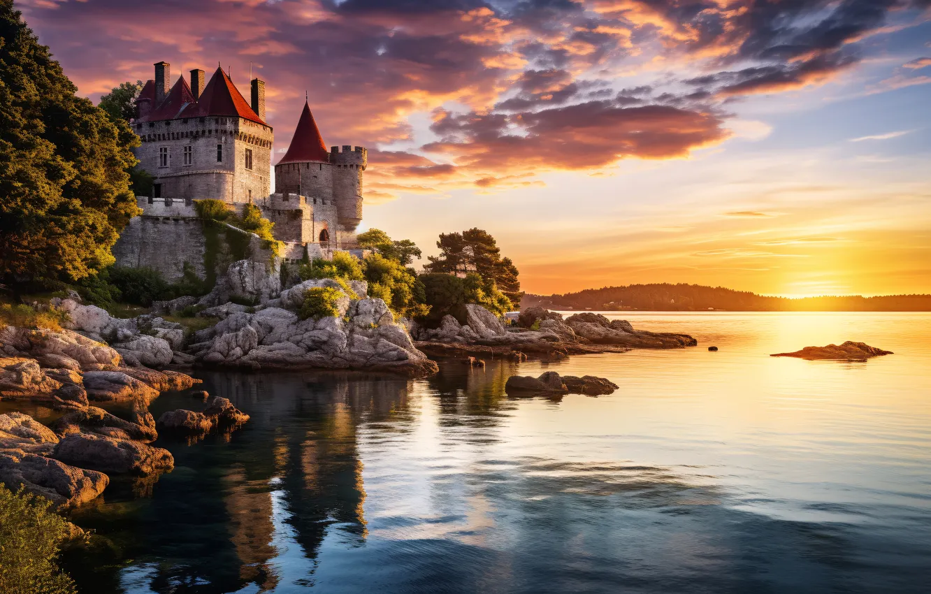 Photo wallpaper sea, the sky, sunset, clouds, castle, rocks, landscape, sunset