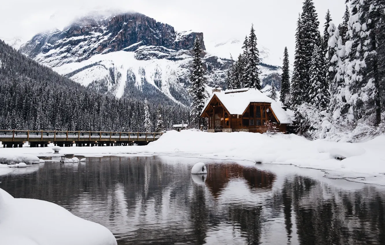 Photo wallpaper winter, forest, snow, trees, mountains, lake, house, hut