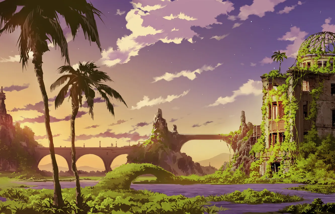 Photo wallpaper greens, anime, wide, ruins
