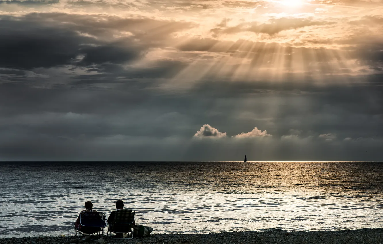 Photo wallpaper beach, sea, Sun, sunset, people, boat, light rays