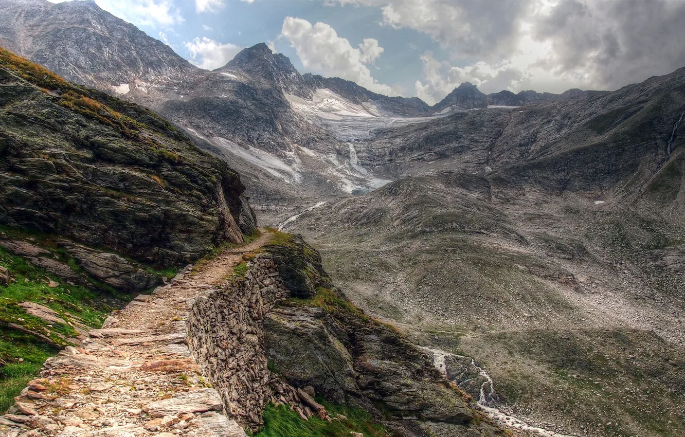 Photo wallpaper road, clouds, mountains, stones, rocks