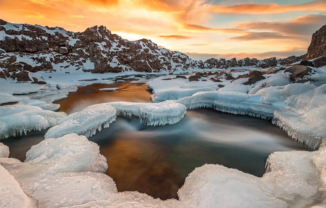 Photo wallpaper snow, landscape, sunset