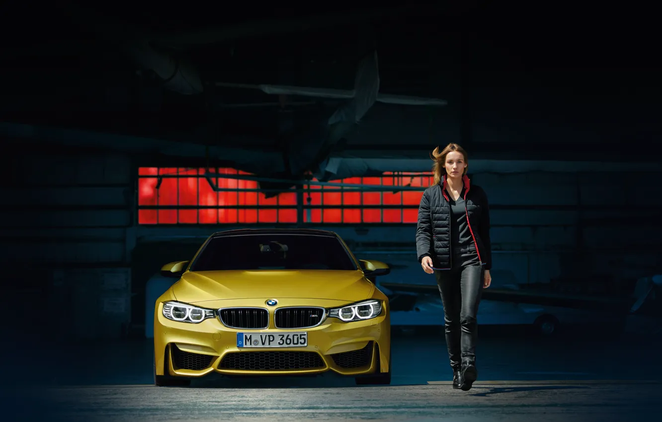 Photo wallpaper Girl, Yellow, BMW, BMW M5, Sports sedan, Sports sedan