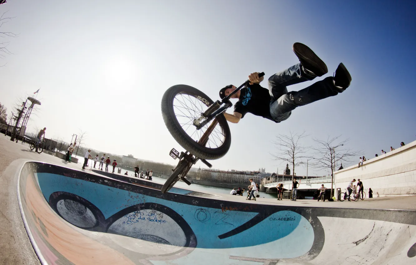 Photo wallpaper the sky, maneuver, rider, freestyle, solar, extreme sports, BMX bowl, BMX bike