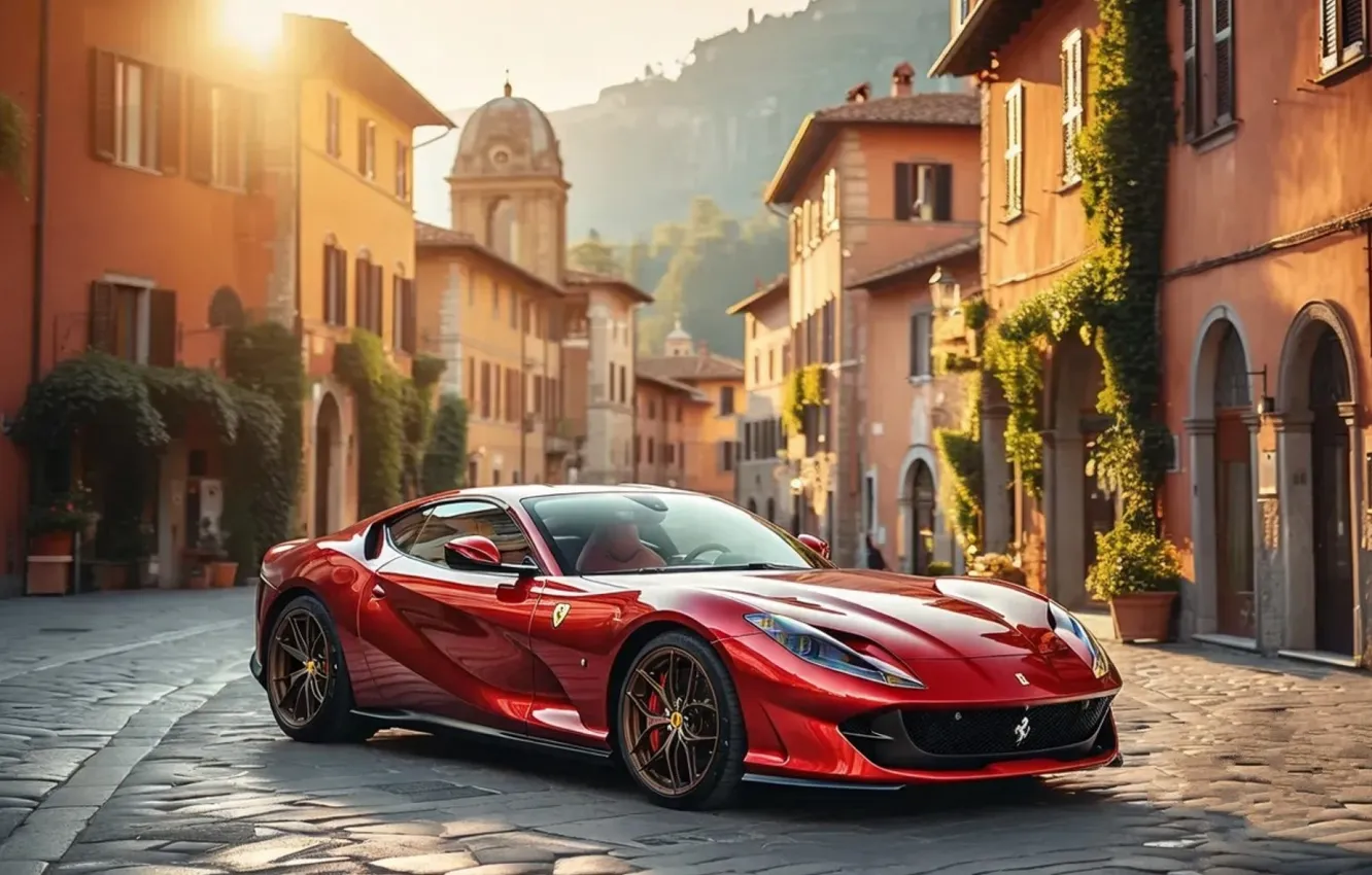 Photo wallpaper city, Ferrari, red, Italy, sun