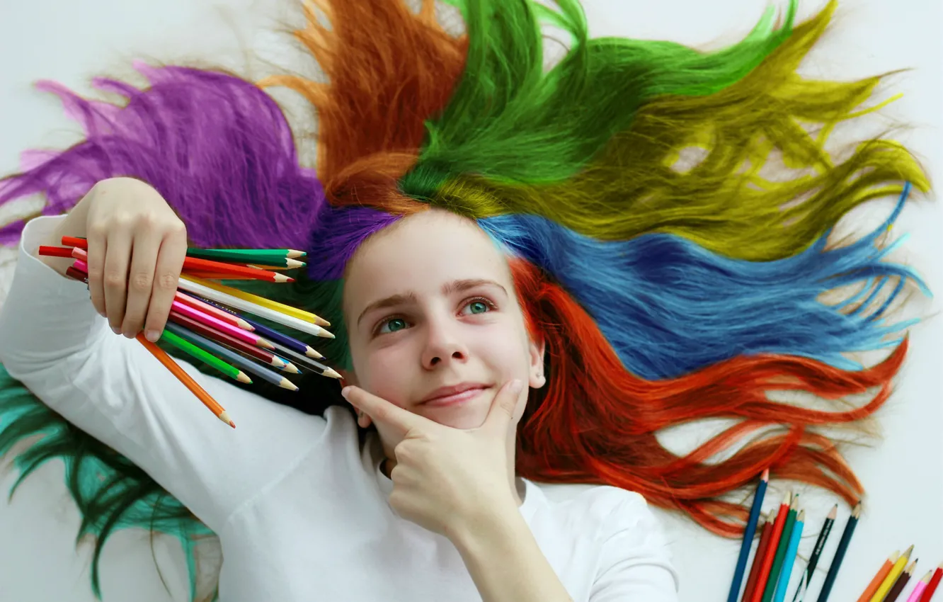 Photo wallpaper color, pencils, girl