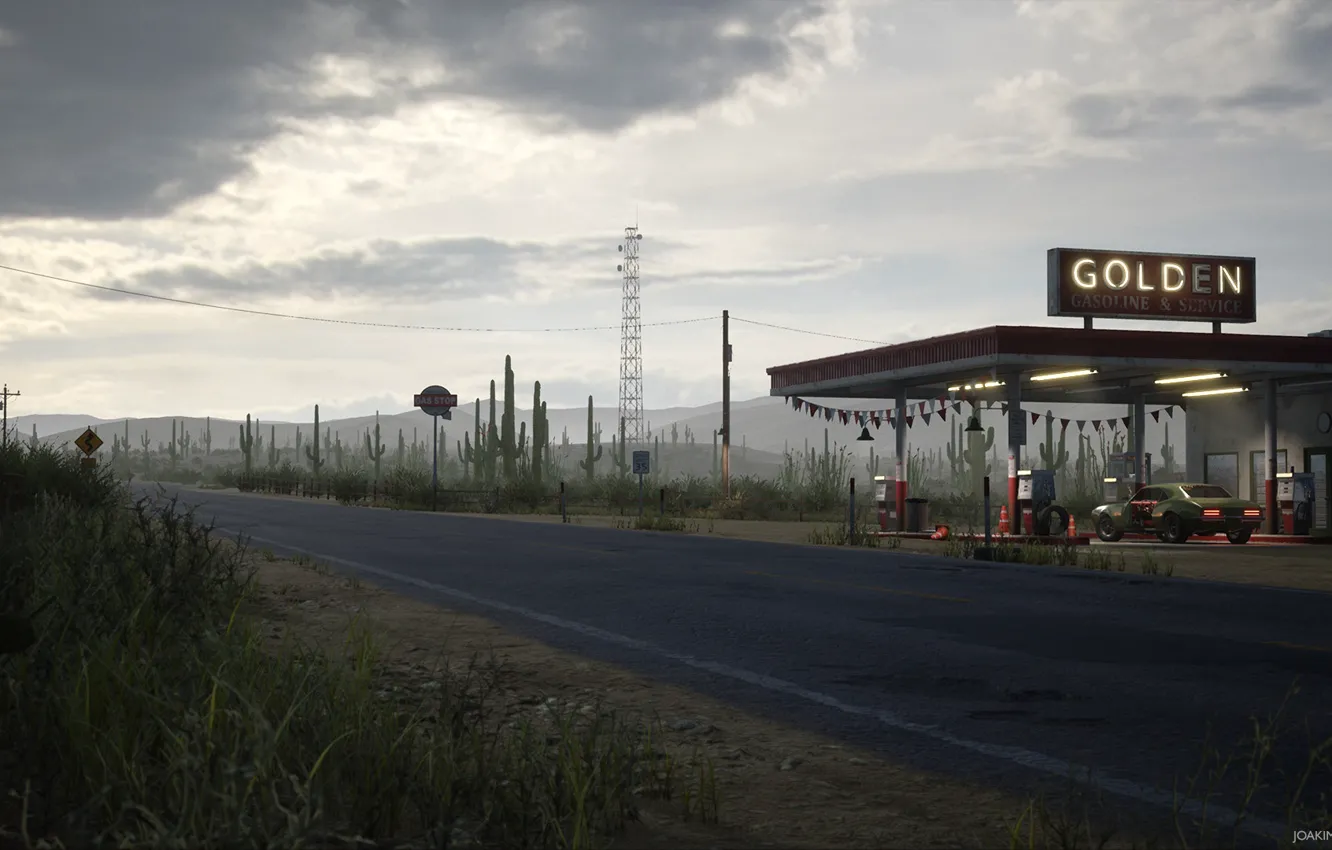 Photo wallpaper station, highway, cacti, Desert Gas Station, Golden Gasoline