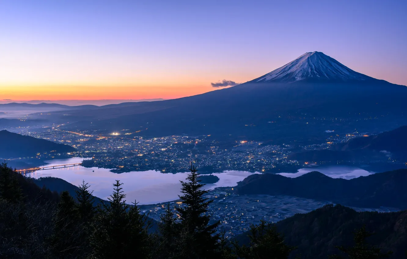 Photo wallpaper mountains, lake, Japan, Fuji