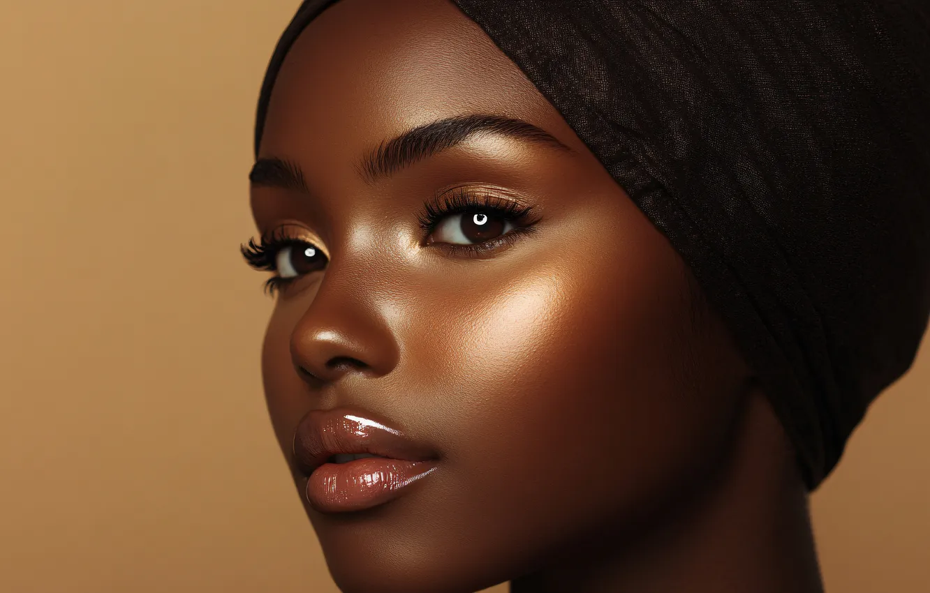 Photo wallpaper look, girl, face, Shine, portrait, leather, makeup, black