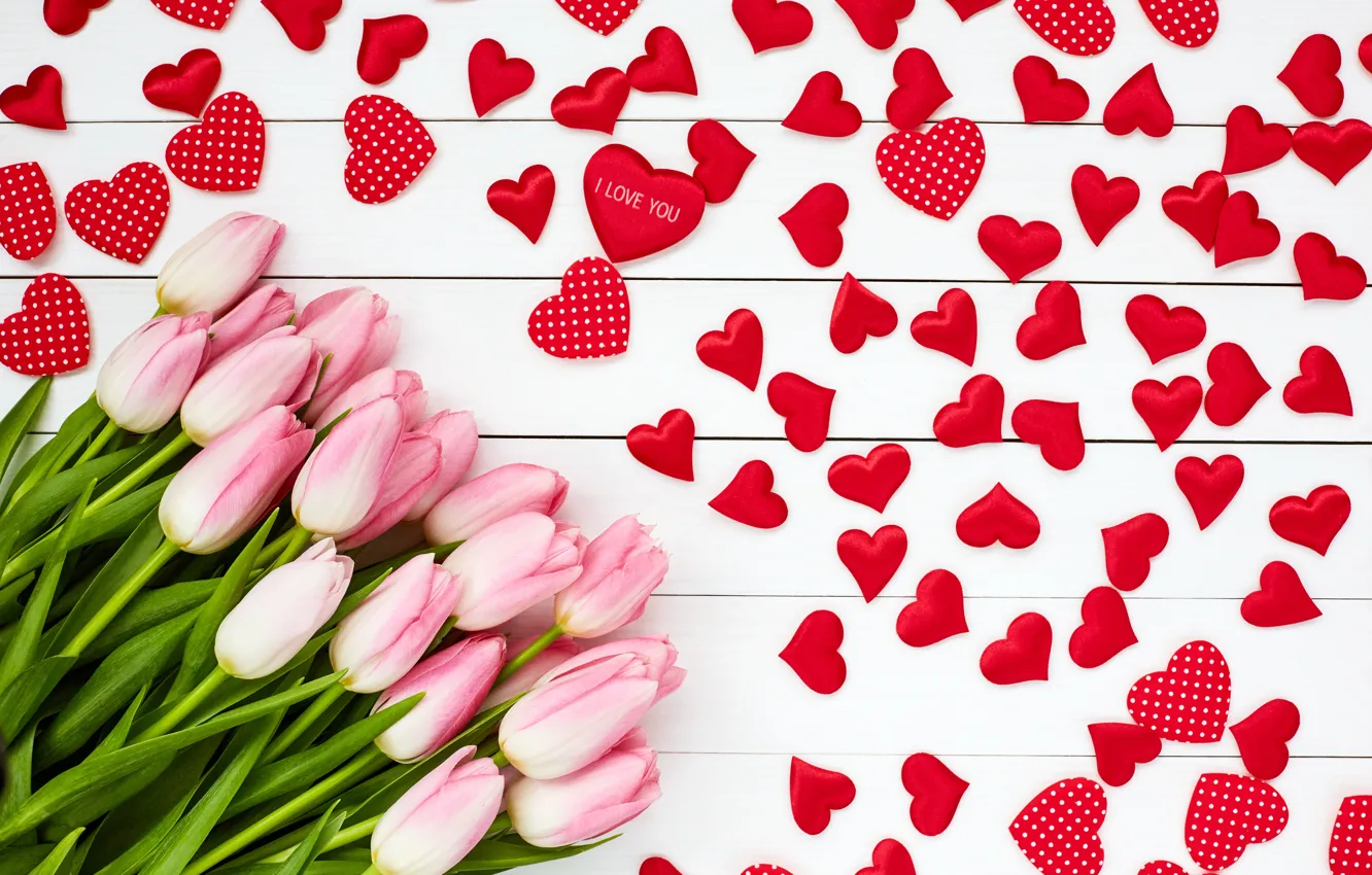 Photo wallpaper love, flowers, bouquet, hearts, tulips, love, pink, wood