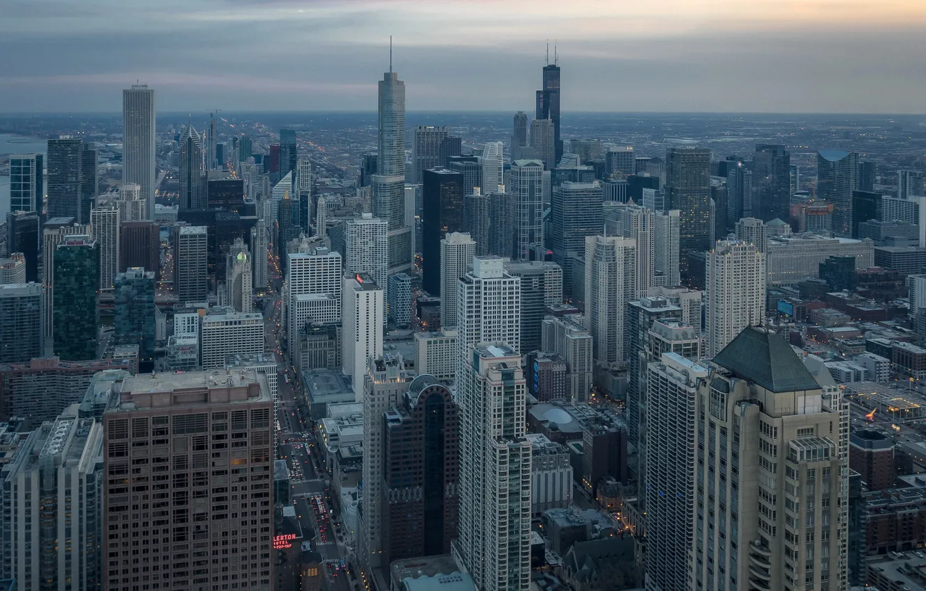 Photo wallpaper the sky, the city, lights, home, skyscrapers, the evening, horizon, Chicago