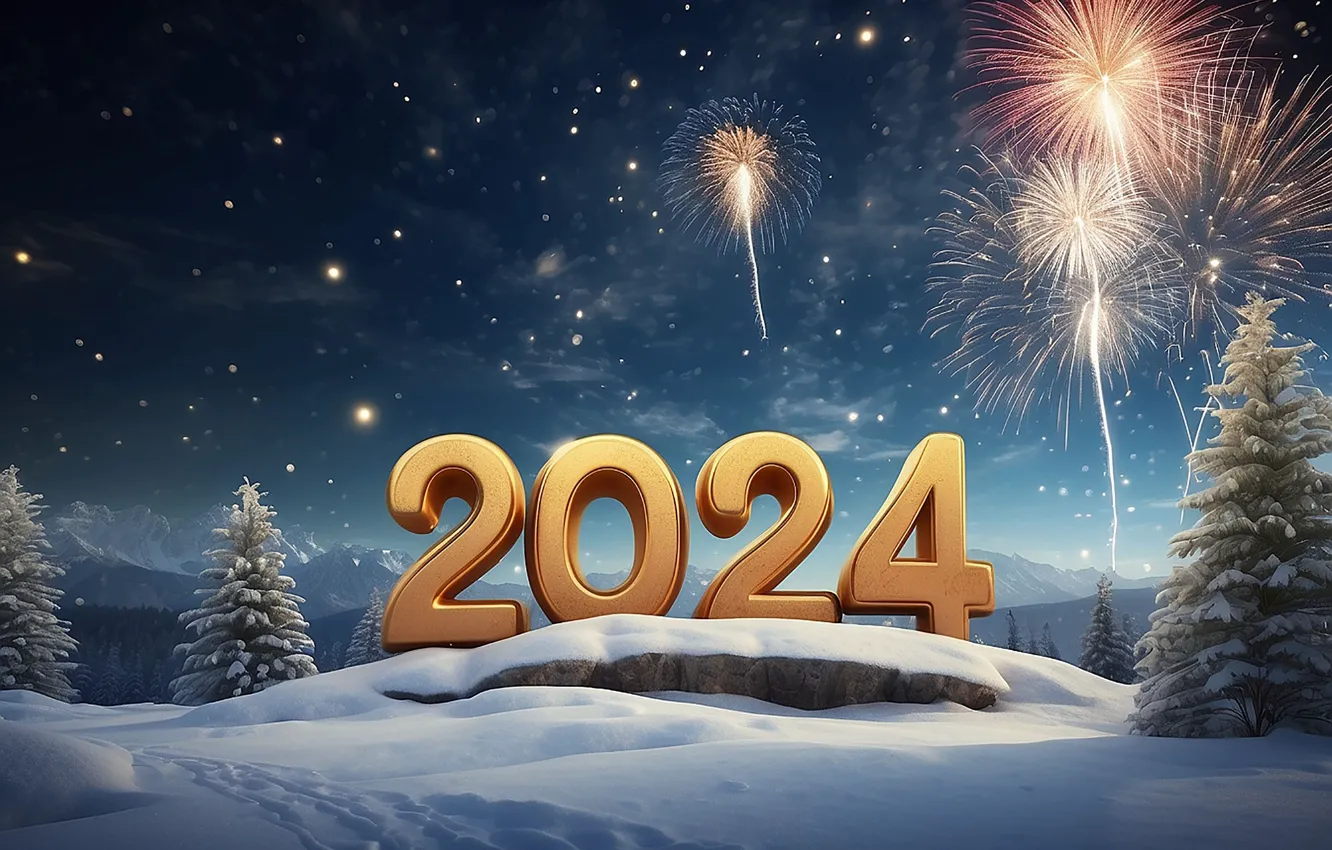 Photo wallpaper figures, New year, golden, winter, snow, fireworks, decoration, numbers
