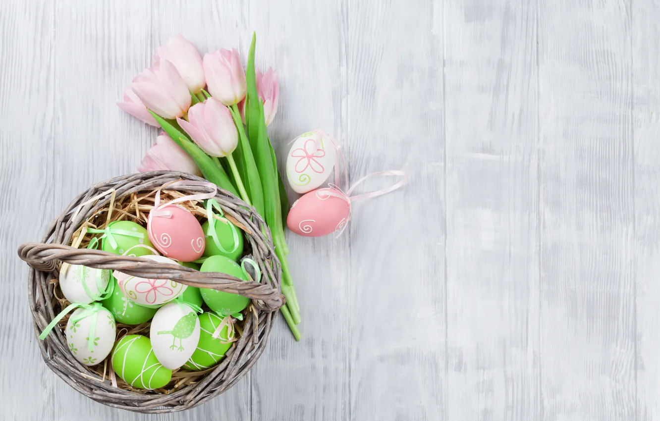 Photo wallpaper flowers, eggs, spring, colorful, Easter, wood, pink, flowers