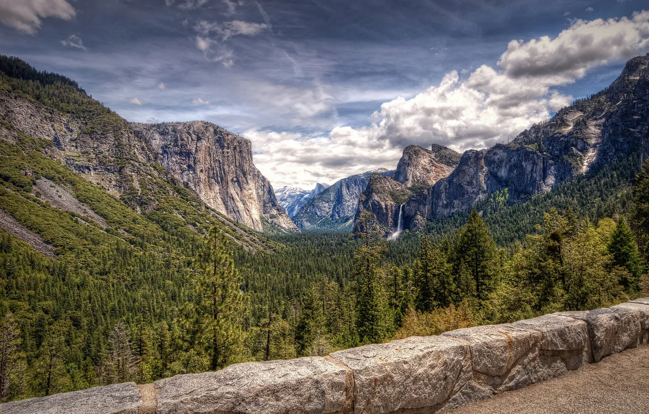 Photo wallpaper forest, mountains, photo, waterfall, CA, USA, Yosemite