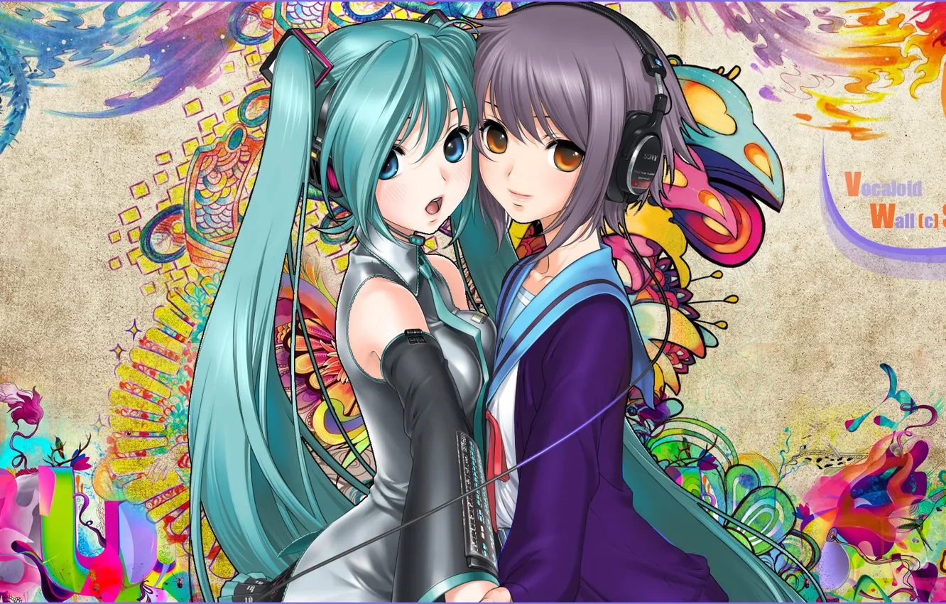 Photo wallpaper girls, pattern, headphones, vocaloid, hatsune miku, nagato yuki, snyp art