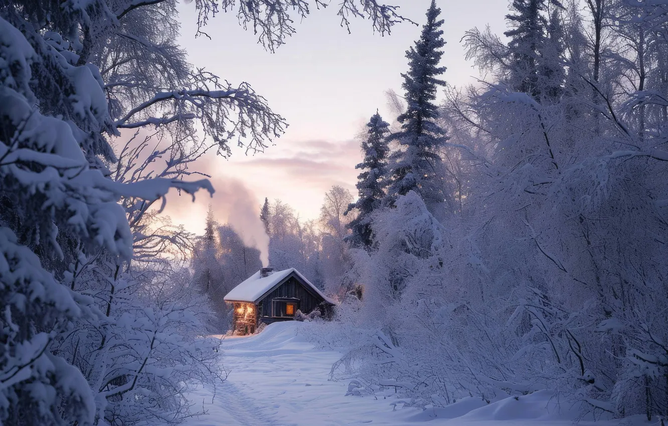 Photo wallpaper winter, snow, trees, nature, house