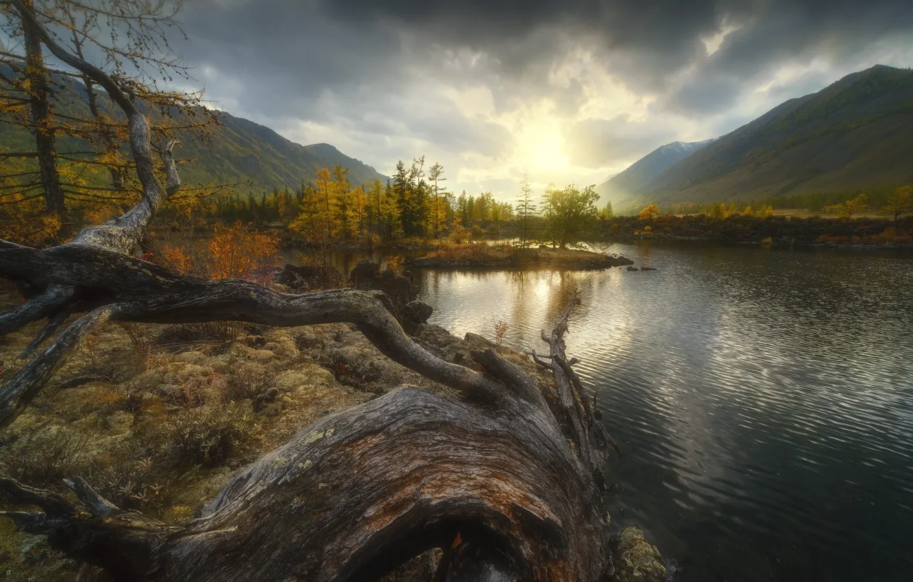 Photo wallpaper autumn, landscape, sunset, mountains, clouds, nature, river, valley