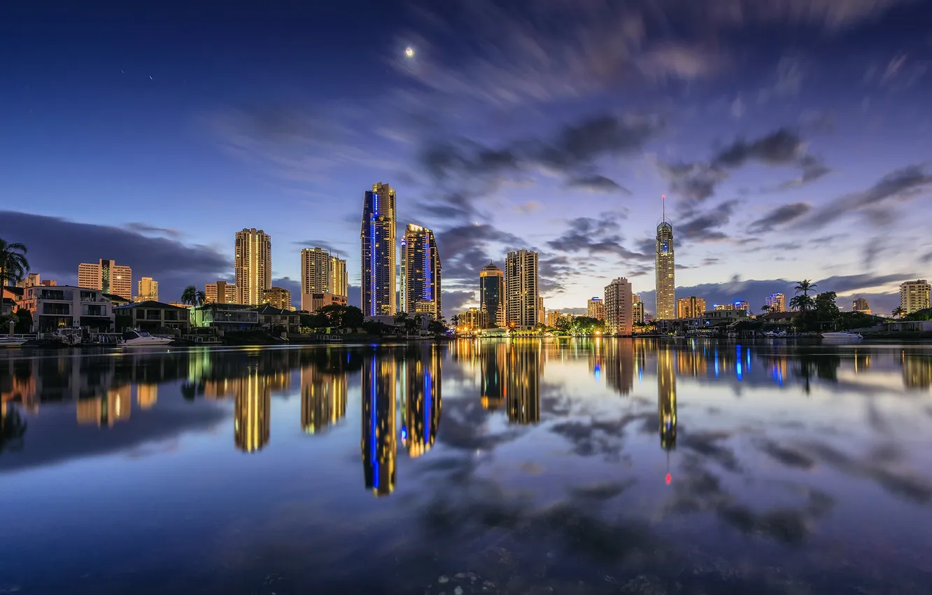 Photo wallpaper night, lights, reflection, Australia, Queensland, QLD