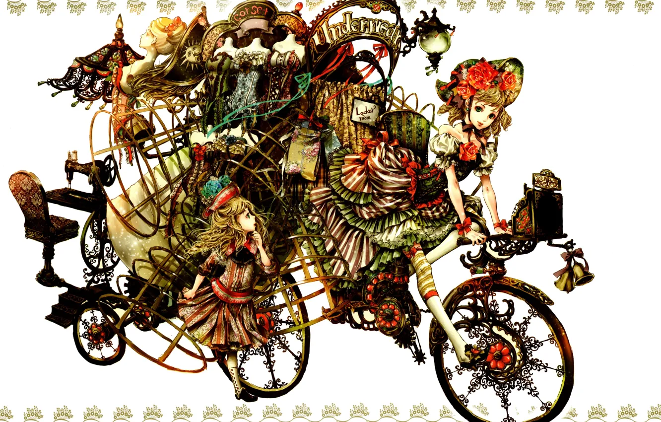 Photo wallpaper girls, sundries, ruffles, corsets, sewing machine, crinoline, Kapor, on the bike