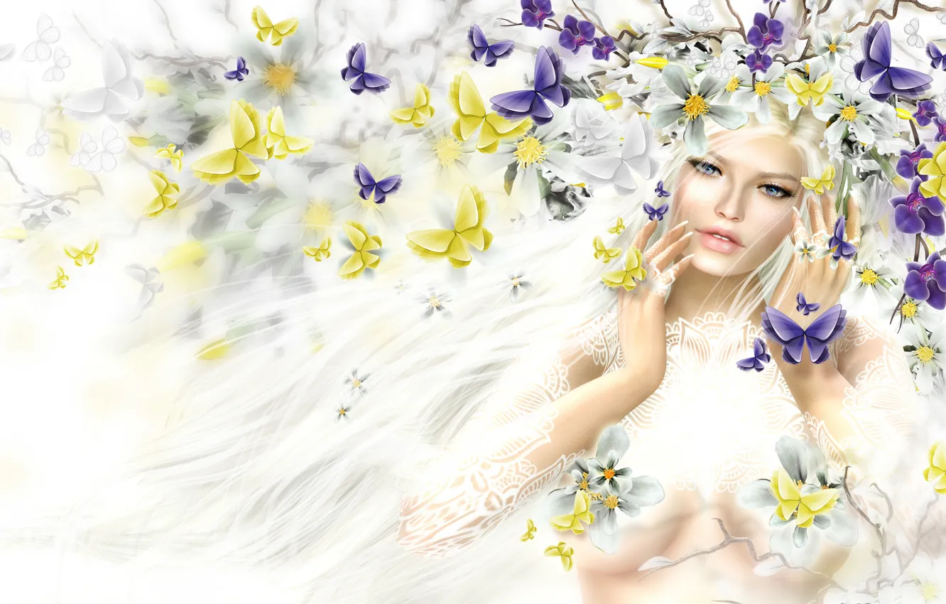 Photo wallpaper girl, butterfly, flowers, hair, spring, blonde, wreath