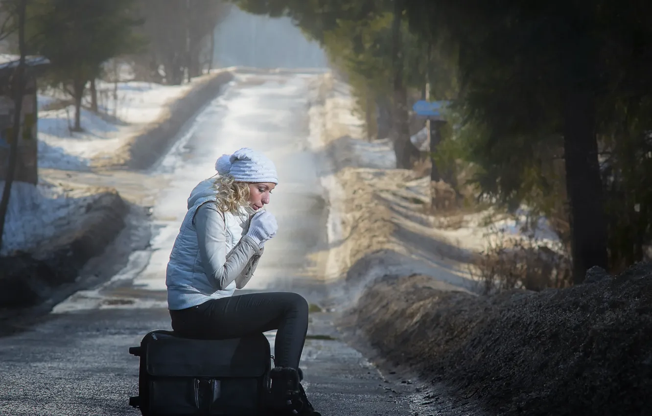 Photo wallpaper cold, winter, road, girl, suitcase
