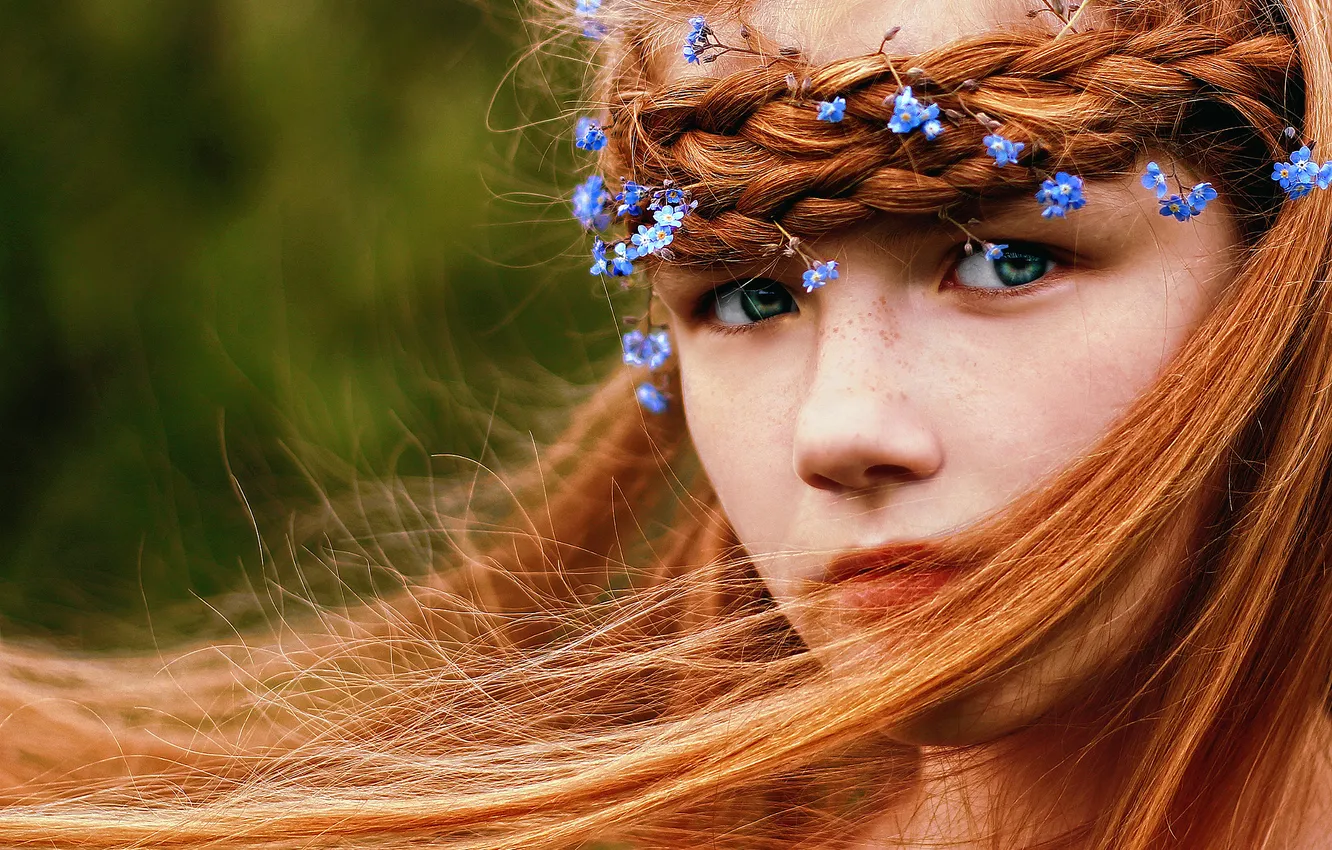 Photo wallpaper look, girl, flowers, face, the wind, blue, portrait, hairstyle