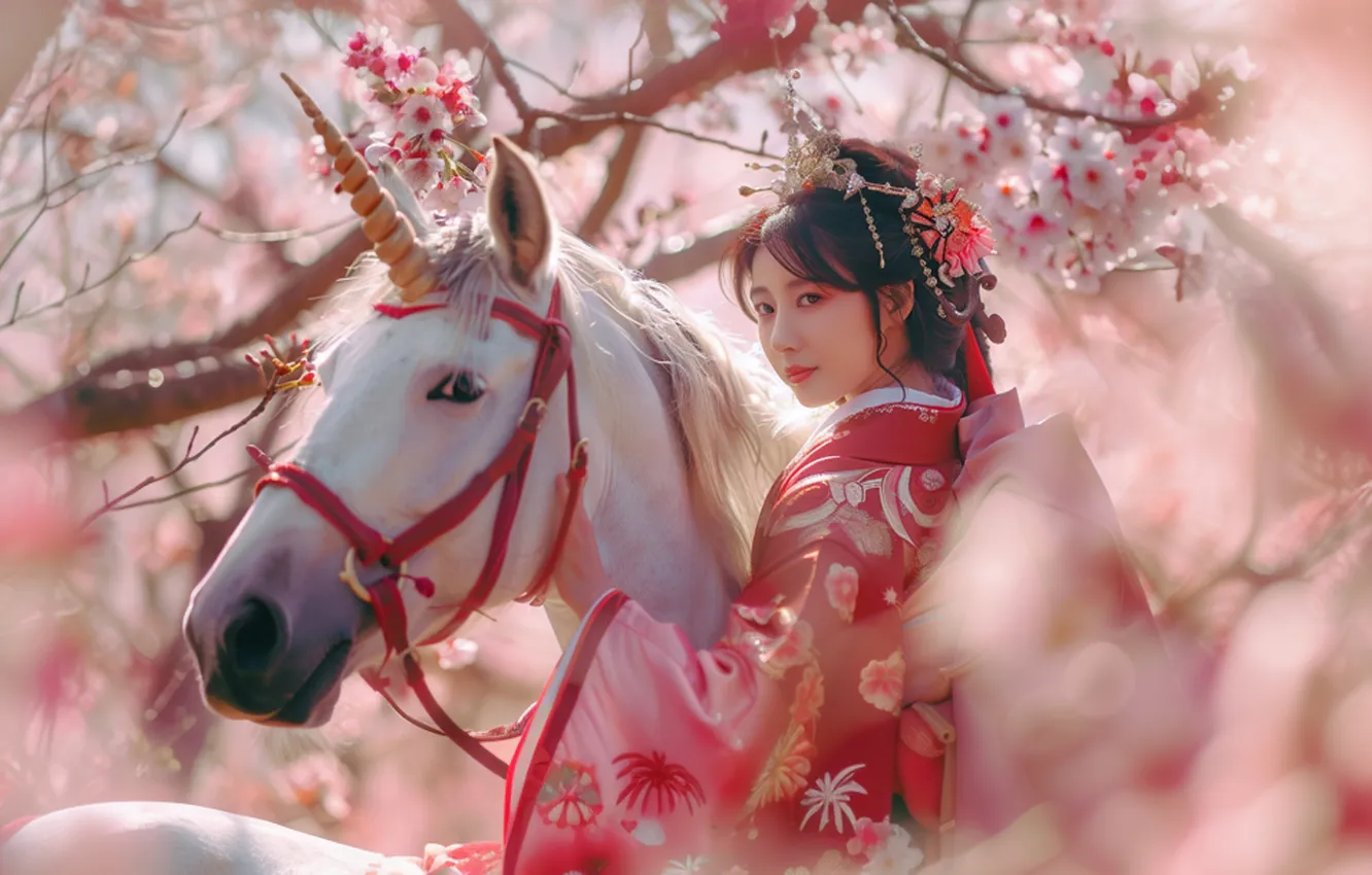 Photo wallpaper white, girl, light, decoration, flowers, branches, nature, horse