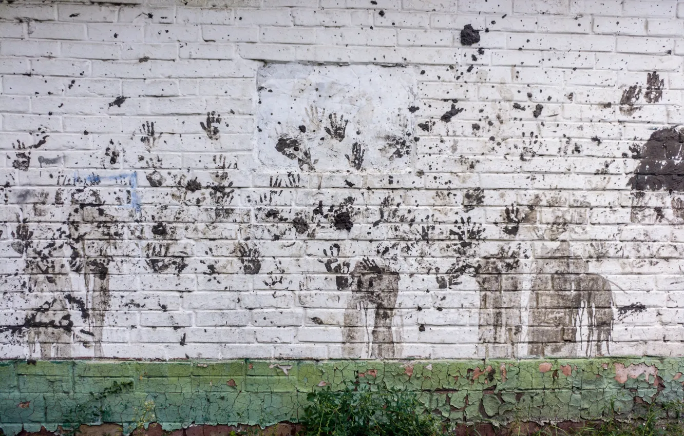 Photo wallpaper handprints, handprints, brick wall