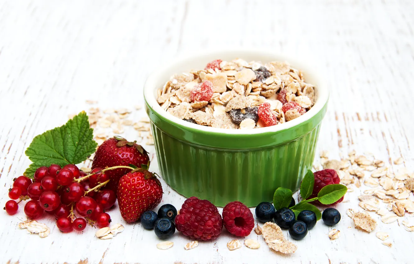 Photo wallpaper blueberries, strawberry, currants, muesli