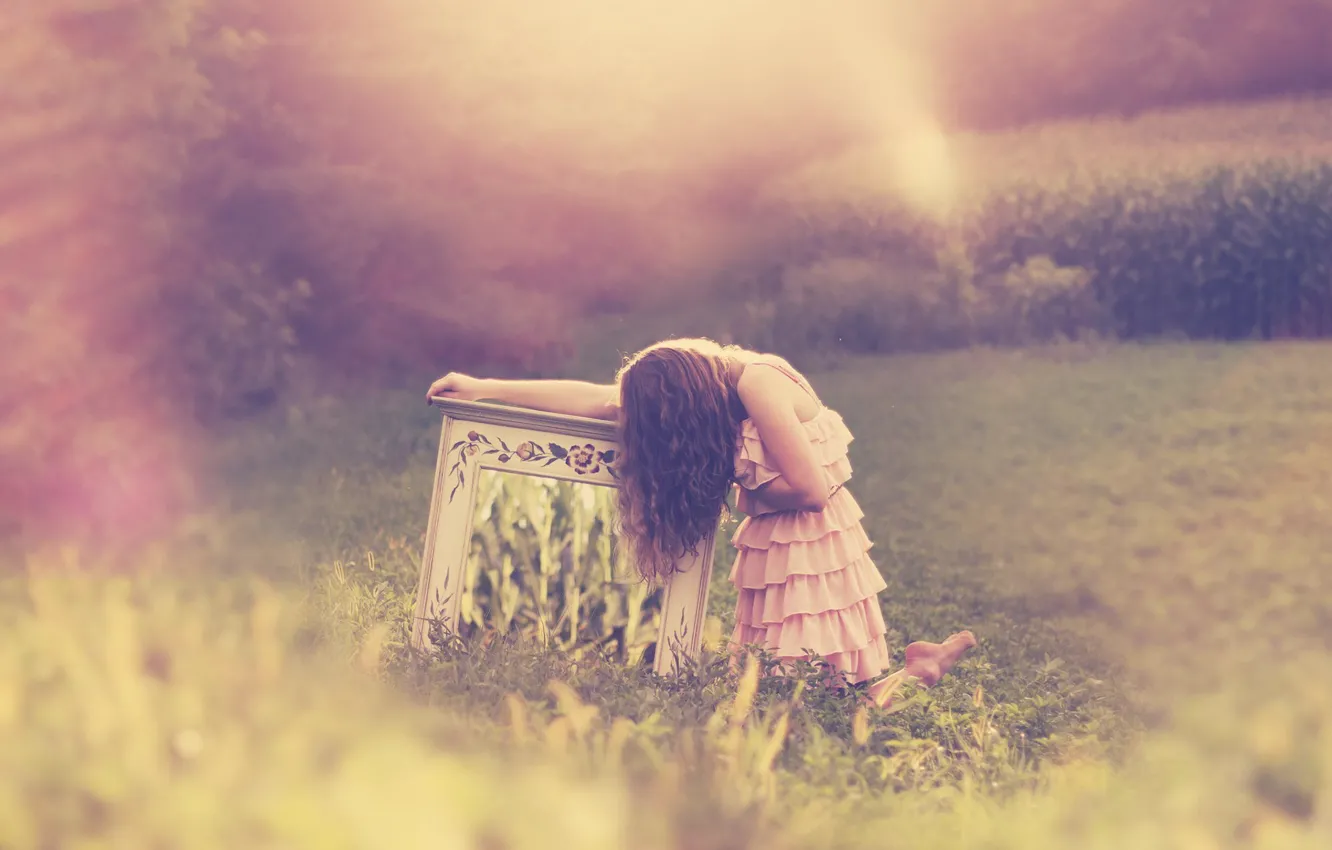 Photo wallpaper greens, grass, girl, background, mood, Wallpaper, dress, pink