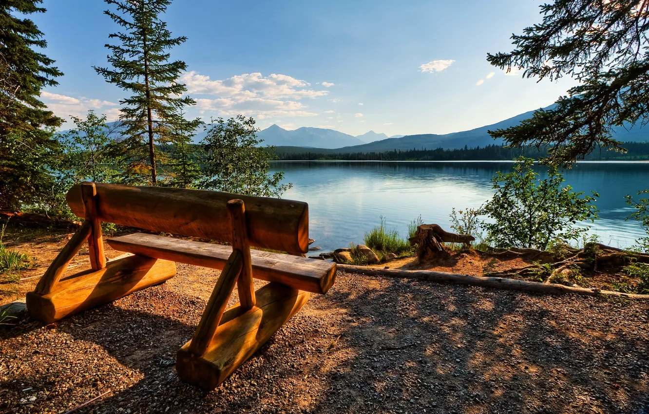 Photo wallpaper the sky, bench, lake, Canada, Jasper, Alberta
