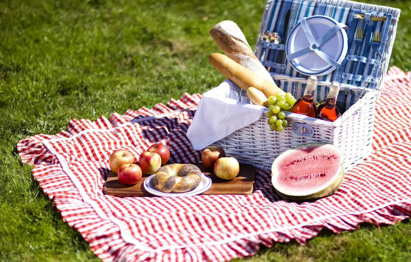 Photo wallpaper wine, apples, food, watermelon, bread, grapes, fruit, picnic