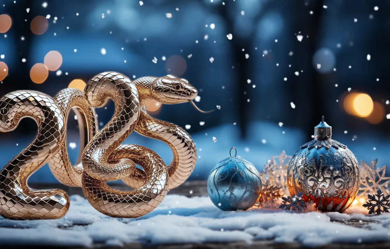 Photo wallpaper snow, decoration, figures, New year, golden, new year, winter, snow