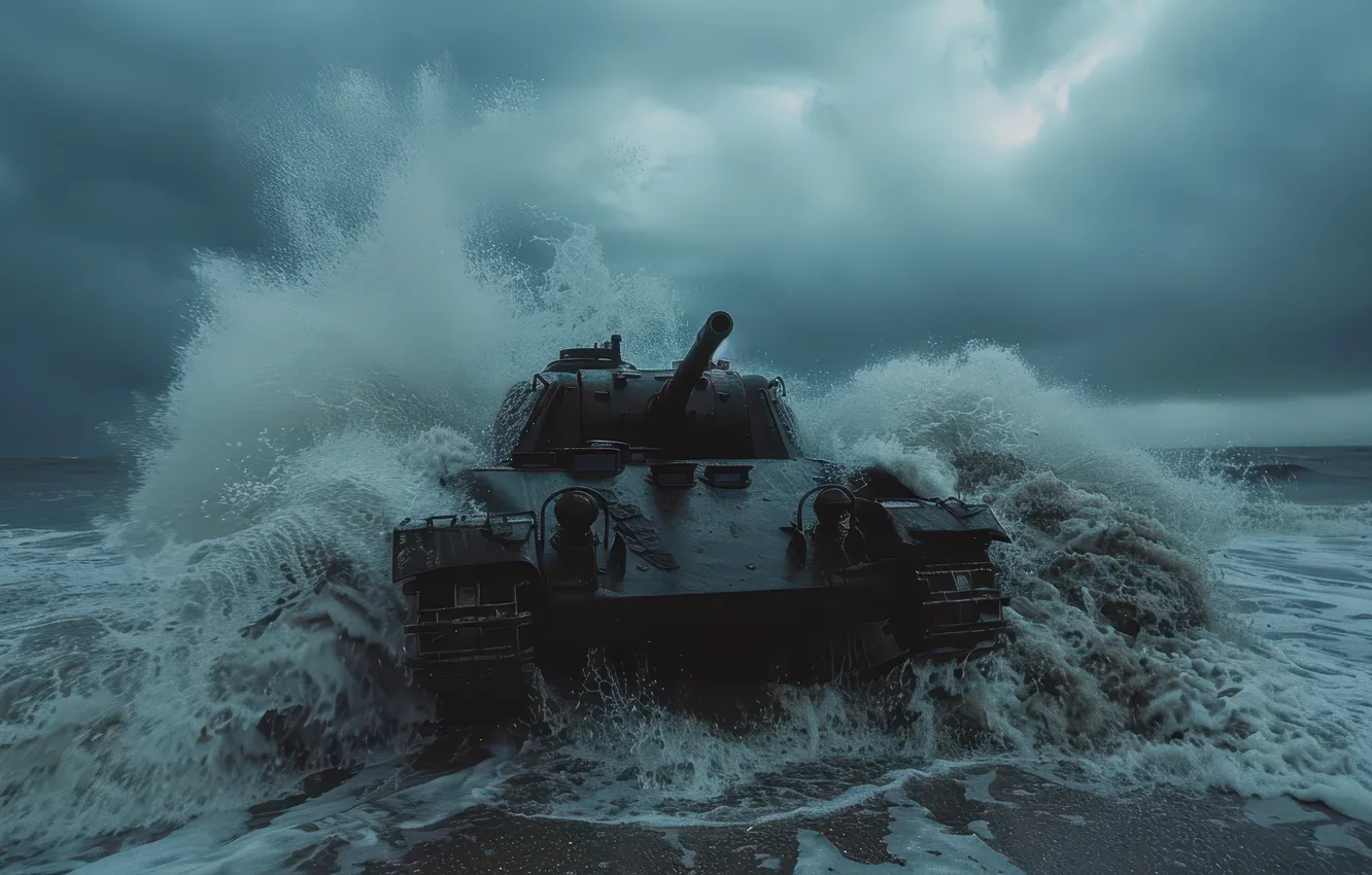 Photo wallpaper sea, wave, clouds, coast, the evening, tank, digital art, AI art