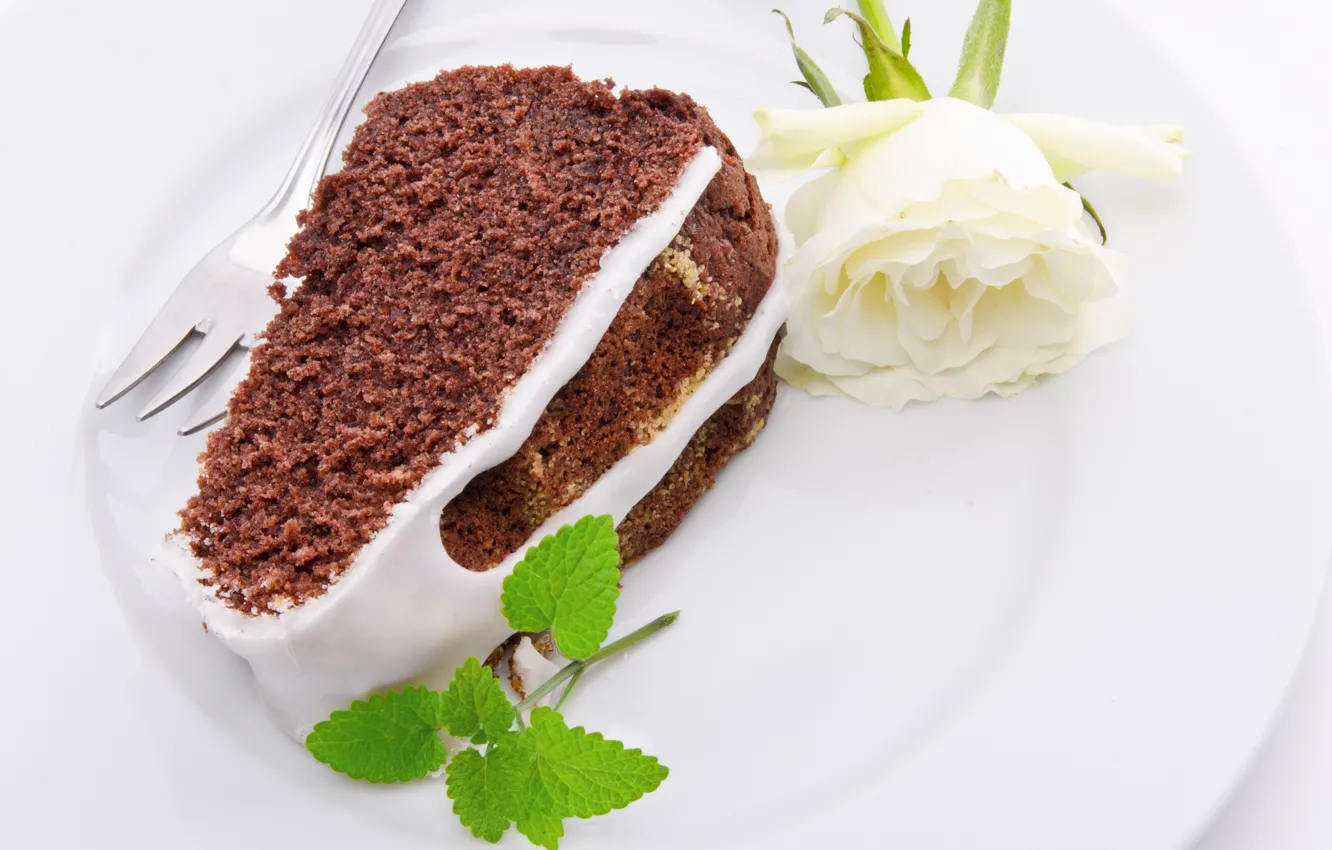 Photo wallpaper white, food, roses, plate, cake, cake, dessert, sweet