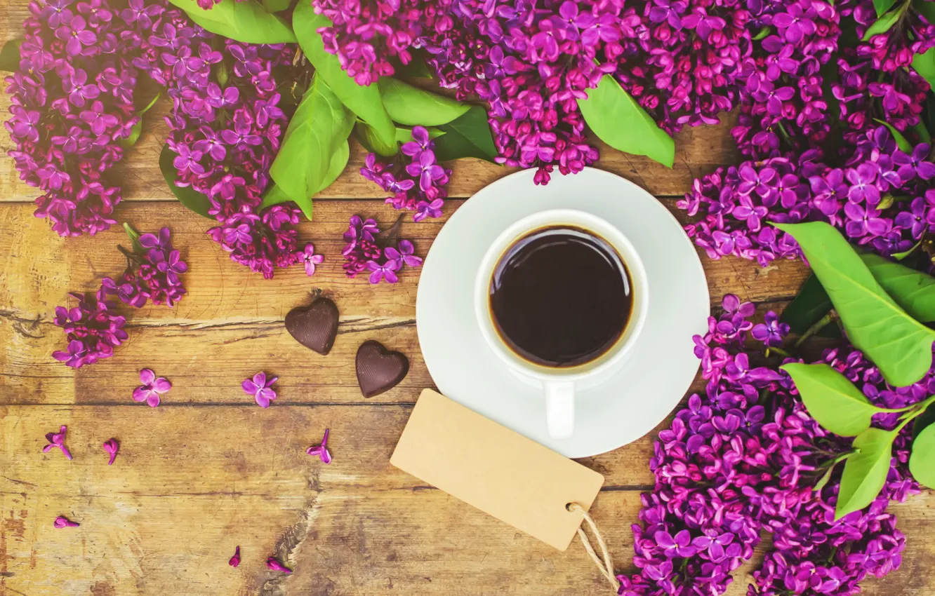 Photo wallpaper flowers, flowers, lilac, romantic, coffee cup, lilac, a Cup of coffee