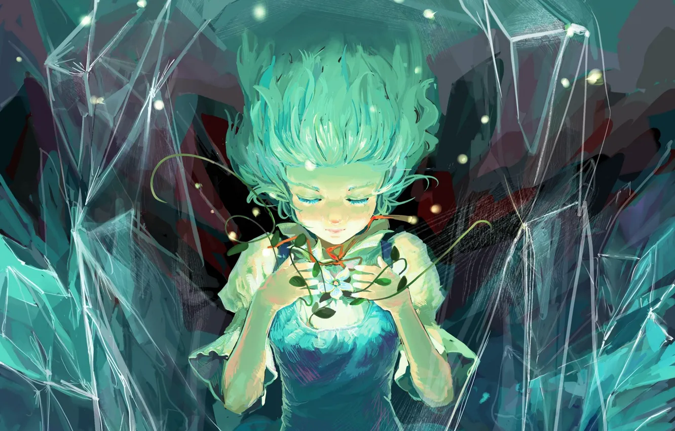Photo wallpaper lights, magic, crystals, flowers, touhou, art, closed eyes, Cirno