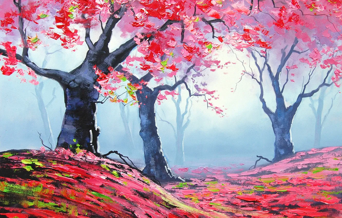 Photo wallpaper autumn, leaves, trees, nature, art, red, artsaus