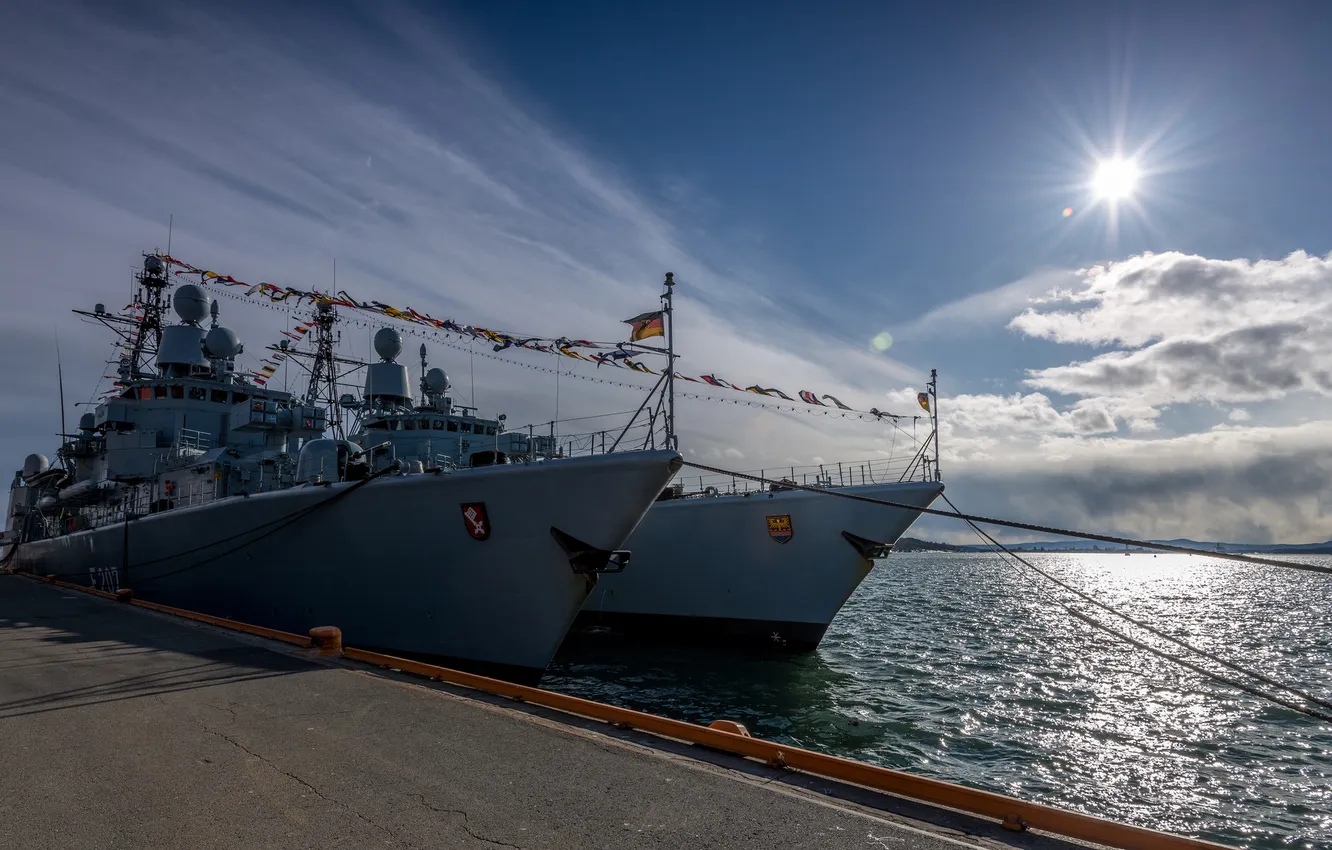 Photo wallpaper pier, frigate, FGS Bremen, FGS Emden, German Navy