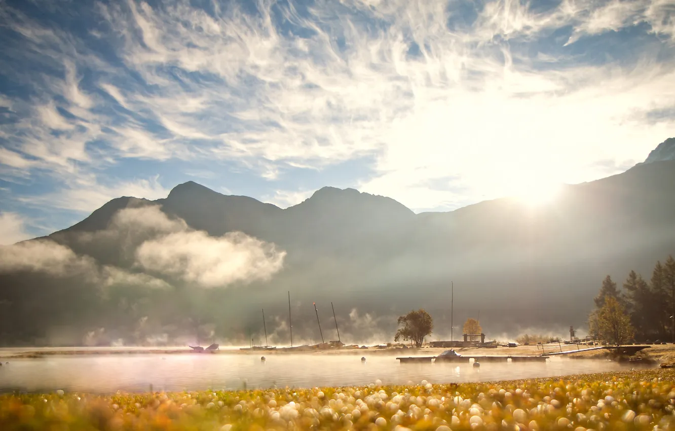 Photo wallpaper autumn, the sky, the sun, fog, lake, Mountains, morning, Switzerland