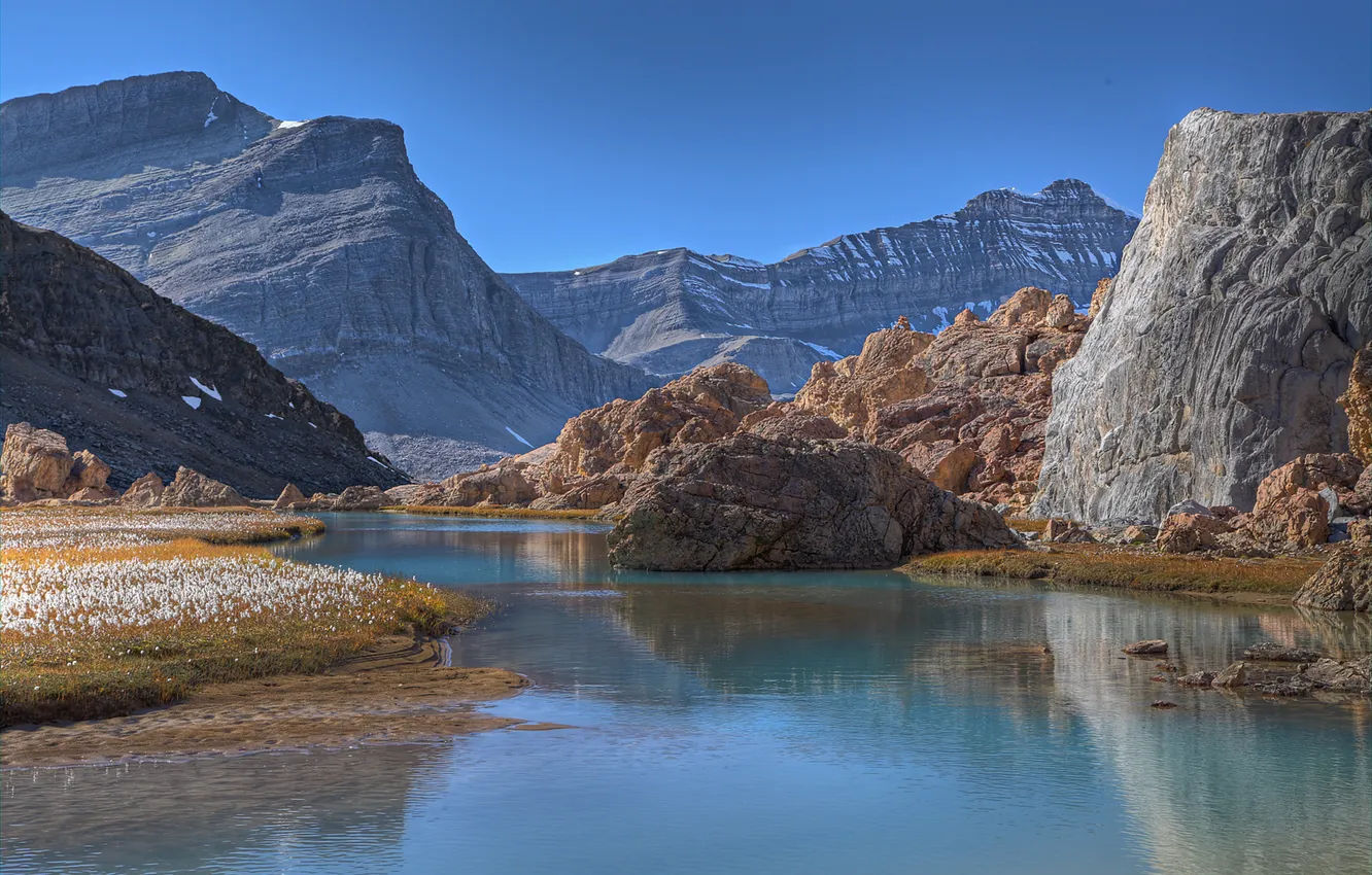 Photo wallpaper the sky, mountains, lake, stones, rocks