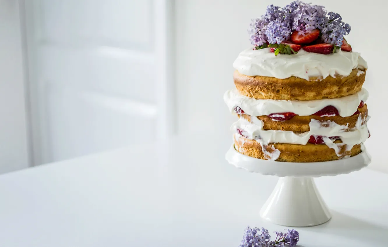 Photo wallpaper flowers, strawberry, cake, cream, lilac, cakes