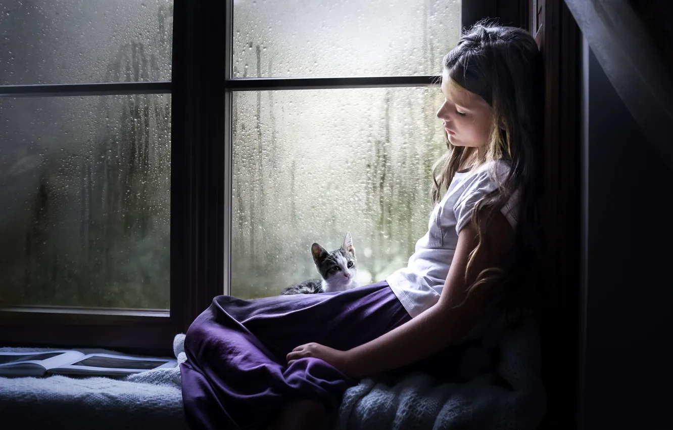 Photo wallpaper cat, window, girl