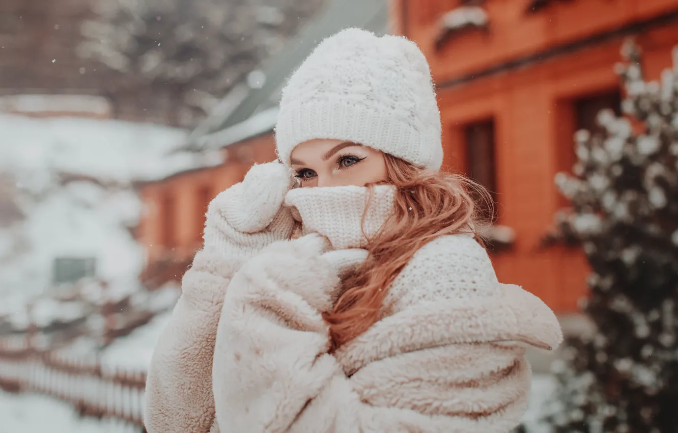 Photo wallpaper winter, girl, snow, house, mood, hat, coat