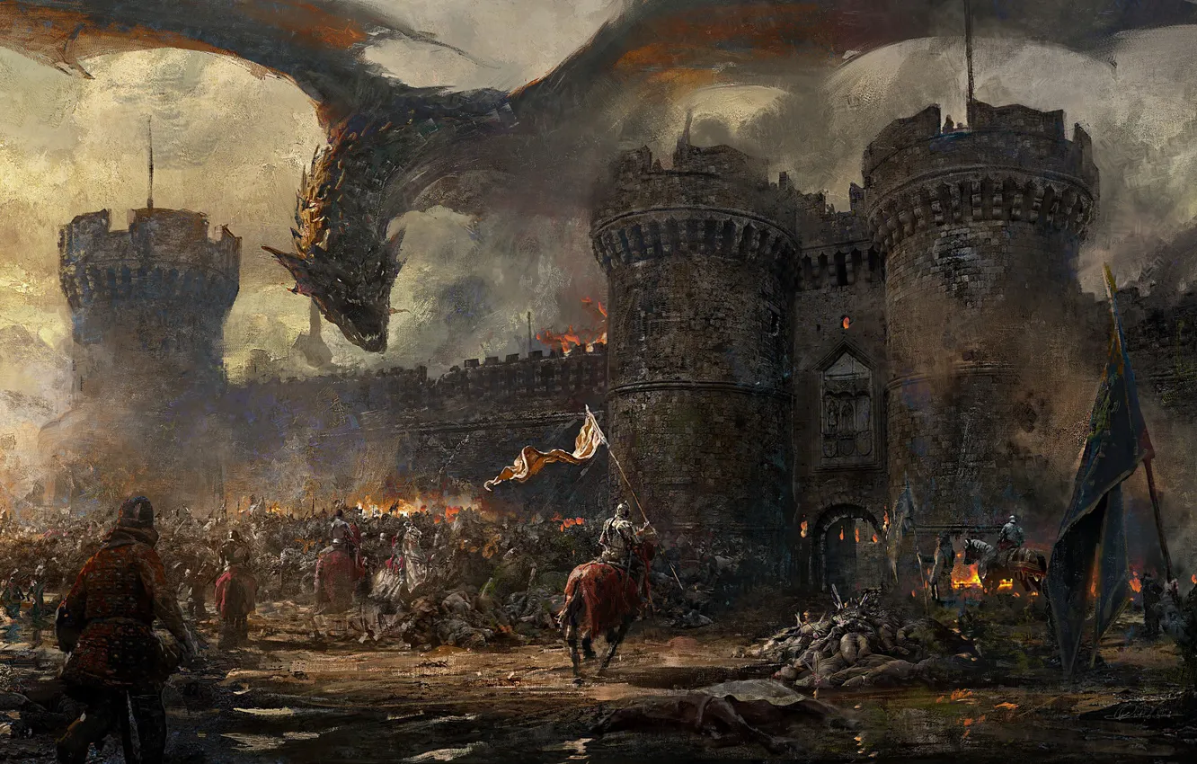Photo wallpaper fire, wall, fantasy, Dragon, soldiers, armor, smoke, army