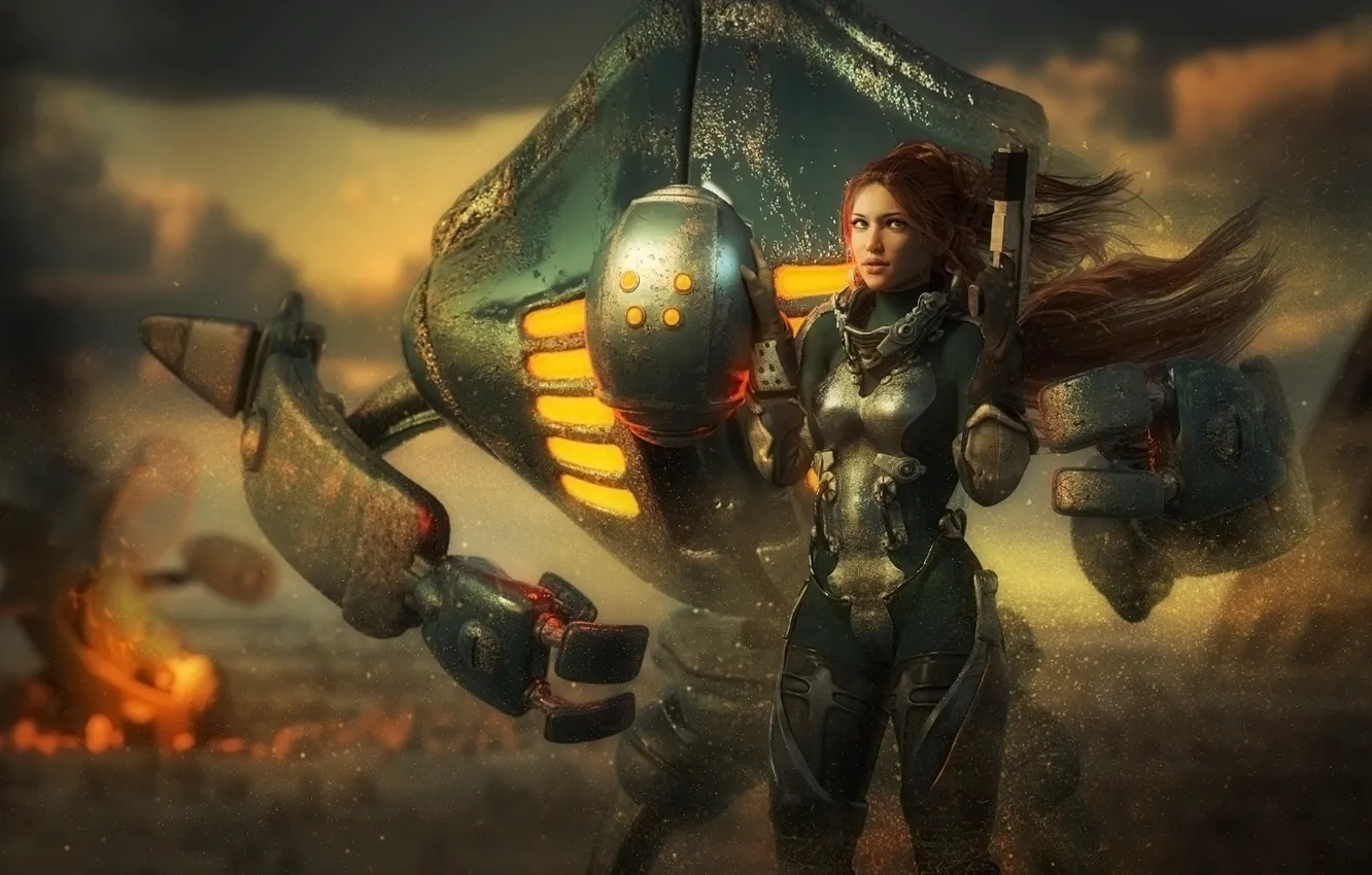 Photo wallpaper lights, weapons, metal, warrior, warrior, battlefield, girl, redhead