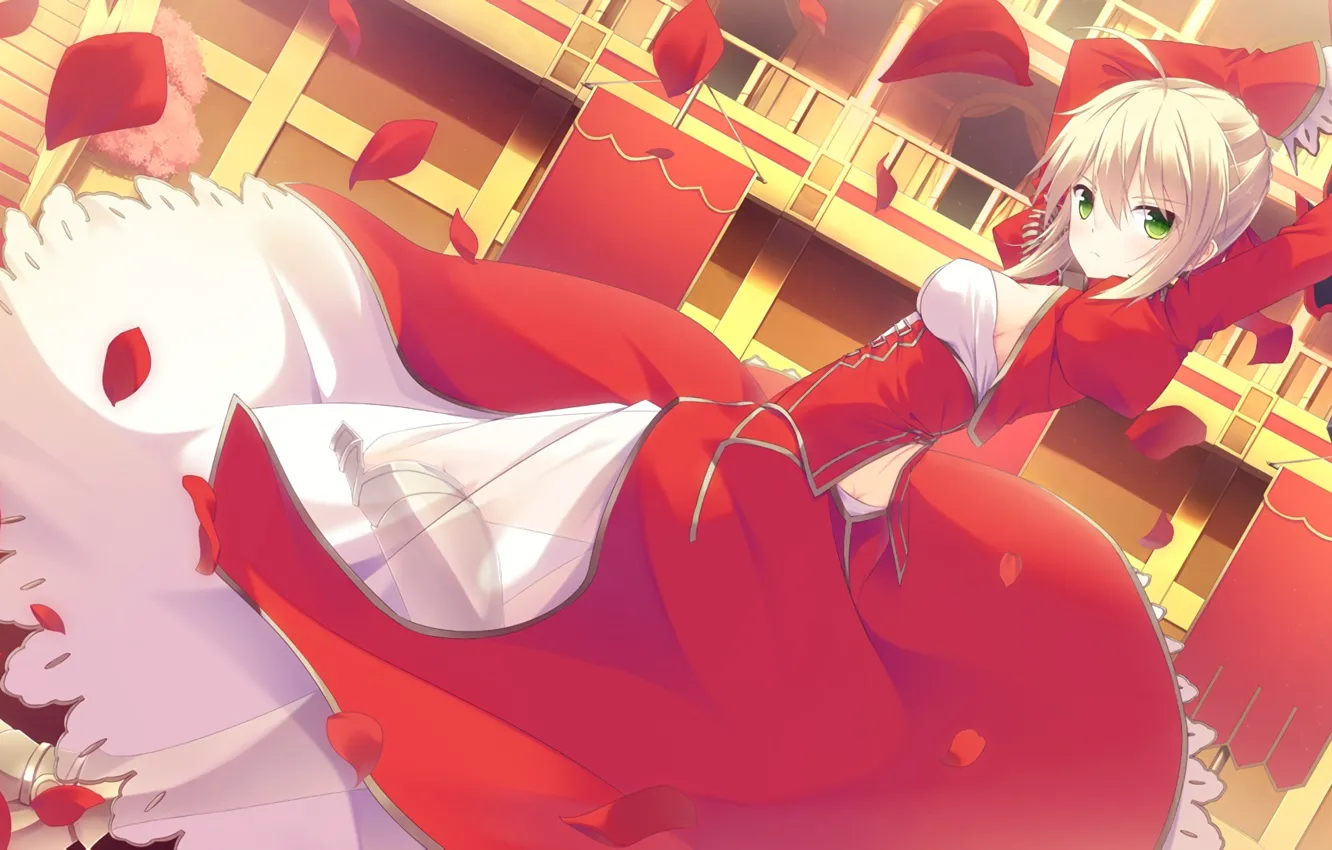 Photo wallpaper girl, anime, art, red dress, the saber, servant, fate extra